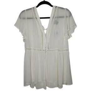 Torrid Cream Chiffon Lace Trim Button Blouse Flutter Sleeve Plus Size 1